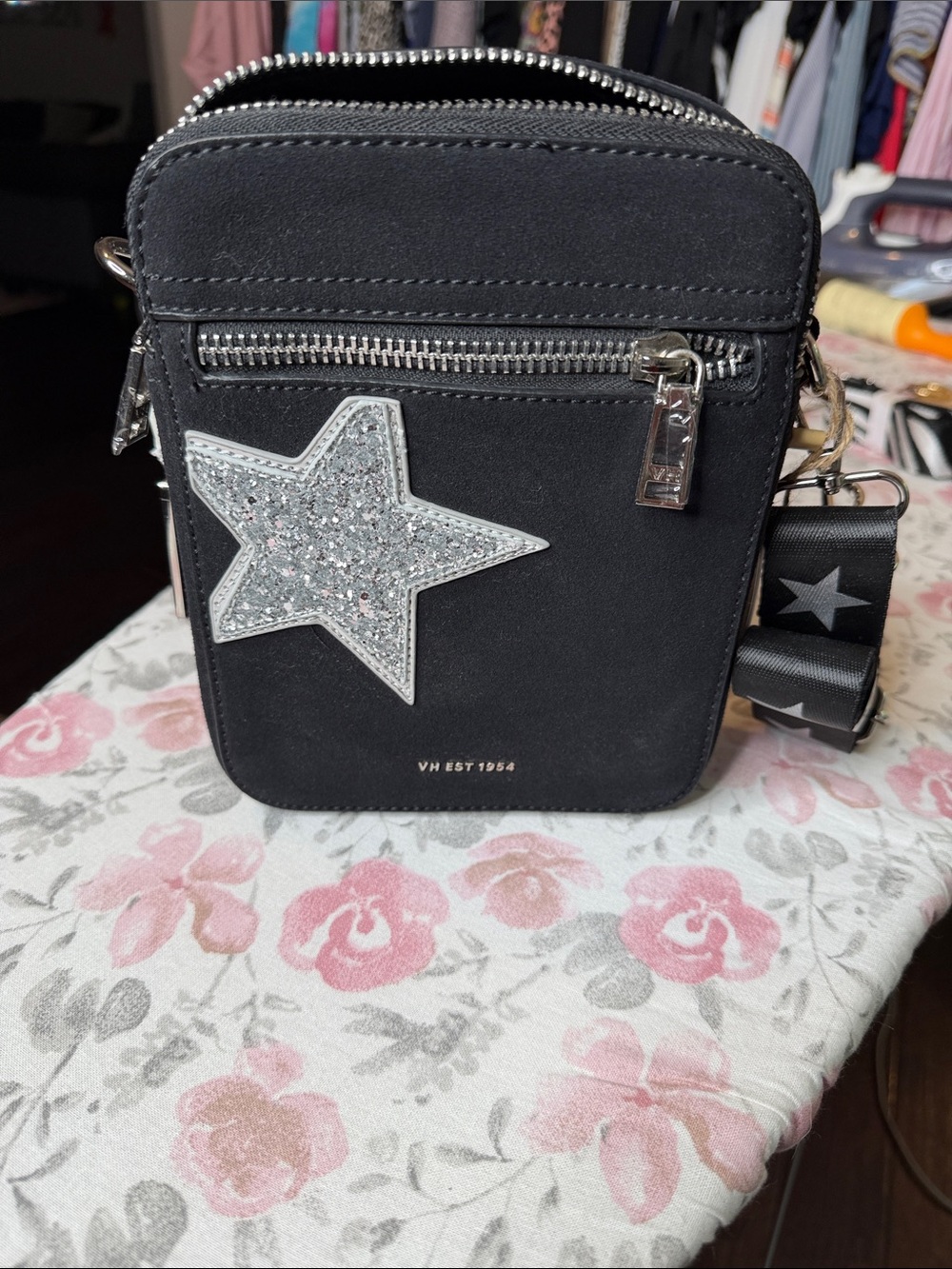 Vintage Havana The Rocker Black Crossbody Festival Bag with Silver Glitter Star